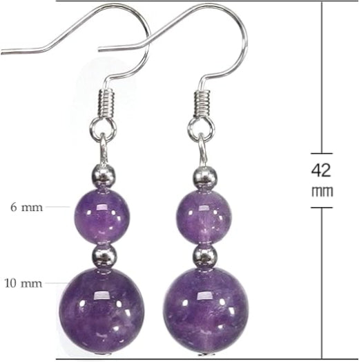 Genuine Amethyst 2 Stone Beaded Earrings 1 Pair Dangle silver Earrings Chakra Healing Crystal Lightweight Colorful Gemstone Earrings Gifts for Women Mom