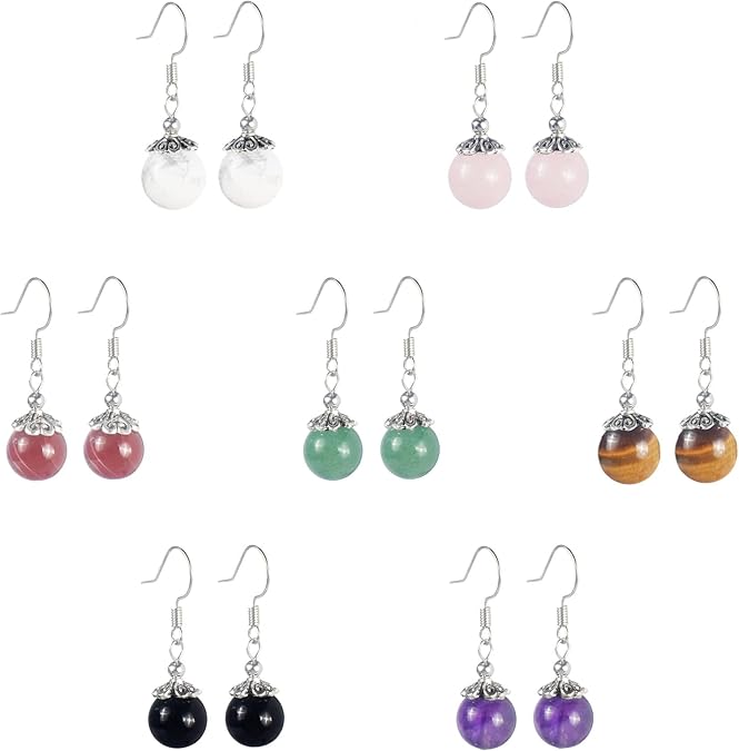 1 Stone Beaded silver Earrings Dangle Chakra Healing Crystal Lightweight Colorful Gemstone Earrings Gifts for Women or Mom