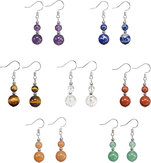 2 Stone Beaded silver Earrings Dangle Chakra Earring Healing Crystal Lightweight Colorful Gemstone Earrings Gifts for Women or Mom