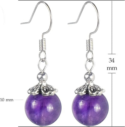 Genuine Amethyst 1 Stone Beaded Earrings 1 Pair Dangle silver Earrings Chakra Healing Crystal Lightweight Colorful Gemstone Earrings Gifts for Women or Mom