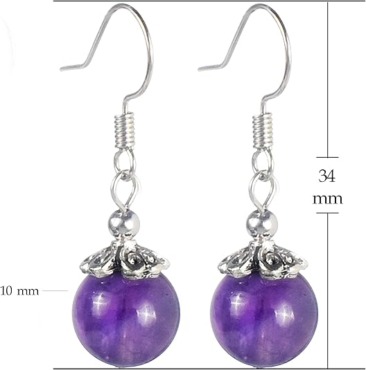 Genuine Amethyst 1 Stone Beaded Earrings 1 Pair Dangle silver Earrings Chakra Healing Crystal Lightweight Colorful Gemstone Earrings Gifts for Women or Mom