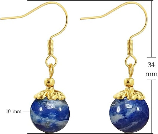 Lapis Lazuli 1 Stone Beaded Earrings 1 Pair Dangle gold tone Earrings Chakra Healing Crystal Lightweight Colorful Gemstone Earrings Gifts for Women.