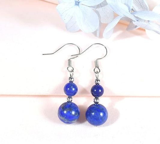 Genuine Lapiz Lazuli 2 Stone Beaded Earrings 1 Pair Dangle silver Earrings Chakra Healing Crystal Lightweight Colorful Gemstone Earrings Gifts for Women Mom